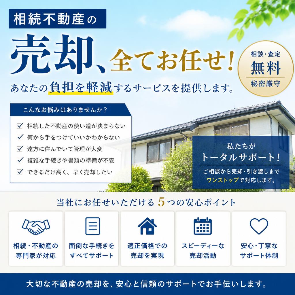 相続不動産の売却、全てお任せ！あなたの負担を軽減するサービスを提供します。