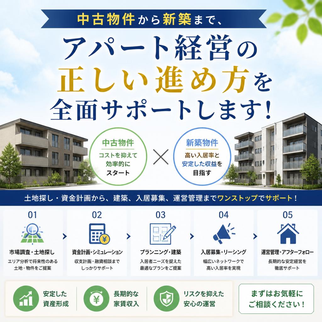 中古物件から新築まで、アパート経営の正しい進め方を全面サポートします！