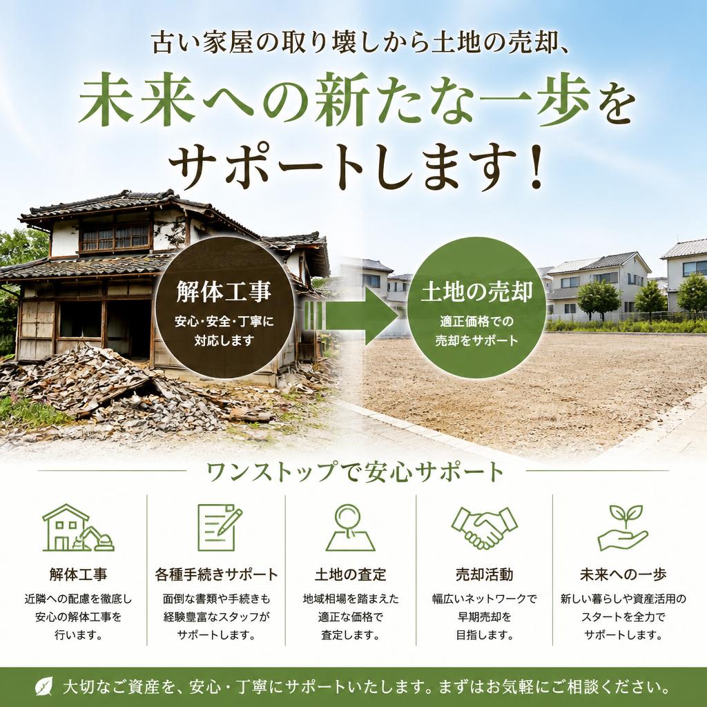 古い家屋の取り壊しから土地の売却、未来への新たな一歩をサポートします！